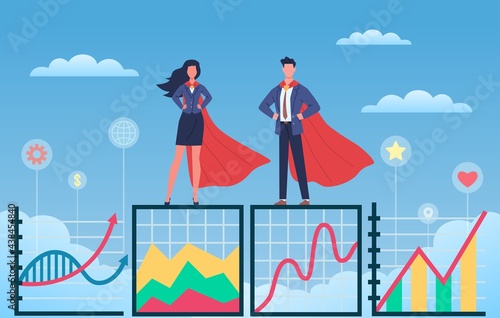 Business superheroes. Man and woman in flowing capes and suits standing on growth graph, professionals group together, people teamwork. Success and progress concept. Vector infographic
