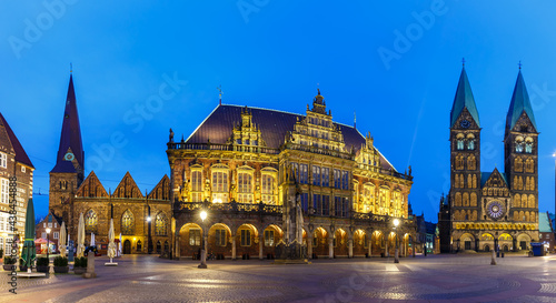 Bremen market square town hall Dom church Roland panoramic view in Germany at night blue hour