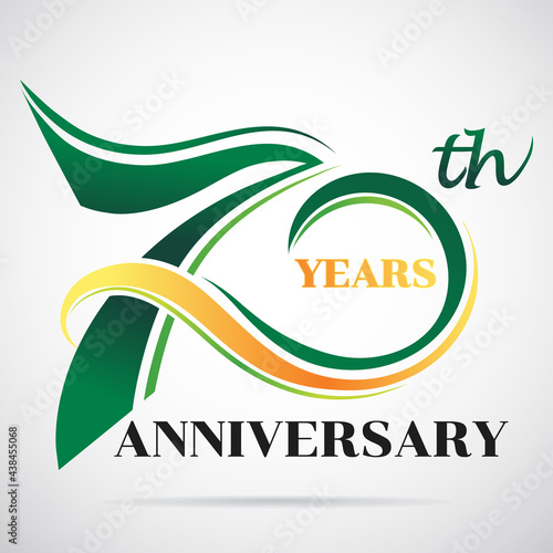 70 years anniversary celebration logo design with decorative ribbon or banner. Happy birthday design of 70th years anniversary celebration. photo