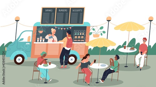 People eat street food. Happy visitors summer mobile cafe, coffee shop wheels, hipster drink truck, tables near van. Burgers and dessert menu. Men and woman meal outdoors vector concept