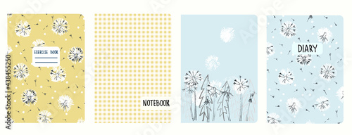 Set of cover page templates with dandelion flowers and hand drawn trendy gingham checks. Based on seamless patterns. Headers isolated and replaceable. Perfect for school notebooks, notepads, diaries