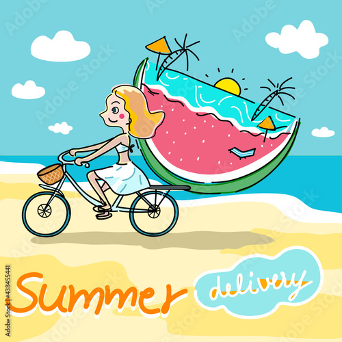child riding a bicycle on the beach summer delivery cartoon vector