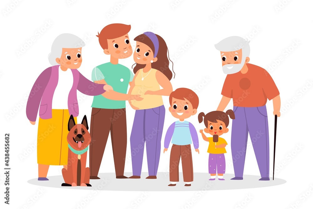 Big family portrait. Happy people characters group, different ages relatives, parents and children with grandparents and pet. Husband and pregnant wife. Vector cartoon isolated concept Big family portrait. Happy people characters group, different ages relatives, parents and children with grandparents and pet. Husband and pregnant wife. Vector cartoon isolated concept