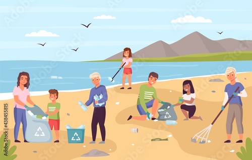 Collect beach garbage. Parents with children clean seashore from trash, people ecologic activity, volunteers teamwork caring nature, ocean pollution protection. Save the Earth vector concept