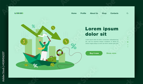 Upset tiny man asking for help because of business failure flat vector illustration. Cartoon businessman in trouble and falling financial chart. Bankruptcy and economy crisis concept