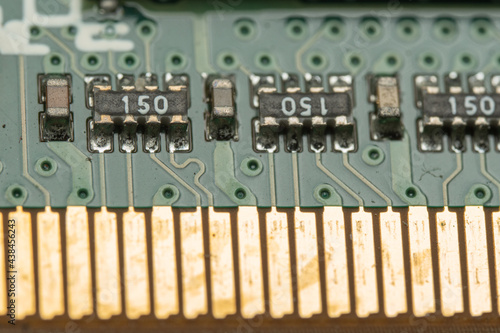 Green Random Access Memory RAM macro photo of the contact interface.