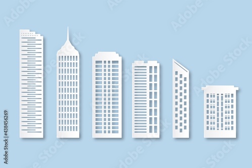 Origami city houses. Paper buildings with windows. Cardboard urban skyscrapers collection. Modern panorama  simple white silhouette. White paper cut elements. Vector isolated set