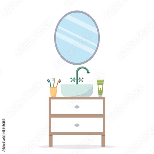 Mirror in the bathroom with hygiene items. Home furnishings - a round mirror and a sink. Toothpaste and toothbrushes in the bathroom. Flat vector illustration isolated on white background.