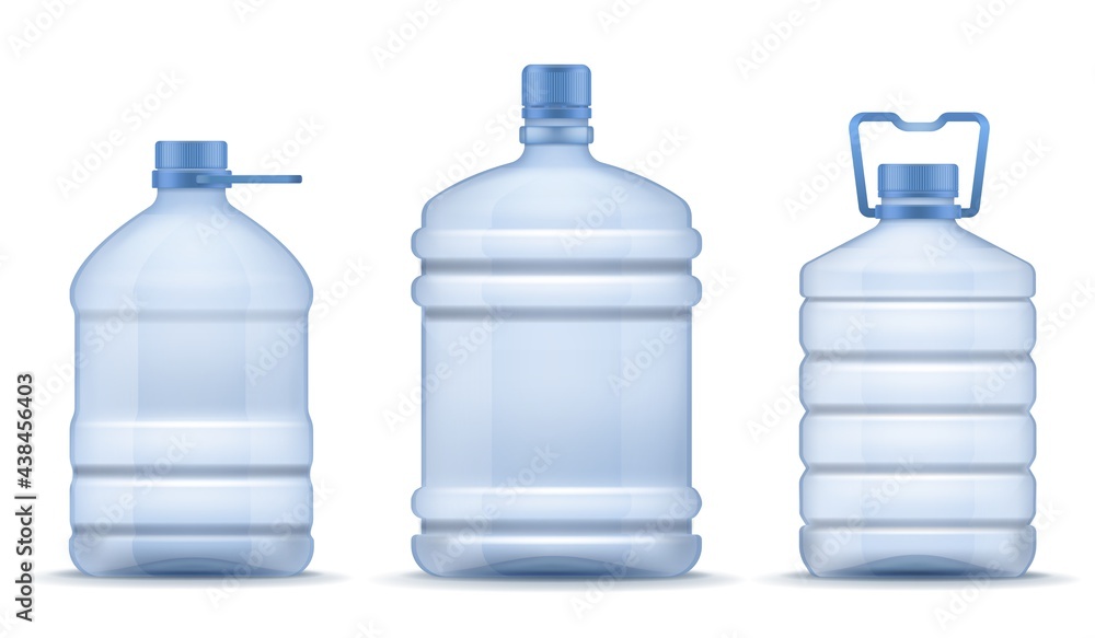 Plastic empty bottle. Realistic containers for mineral, carbonated and soft beverages. Blue package for different liquids mockup, huge water bottles for cooler and dispenser. Vector 3d set Plastic empty bottle. Realistic containers for mineral, carbonated and soft beverages. Blue package for different liquids mockup, huge water bottles for cooler and dispenser. Vector 3d set