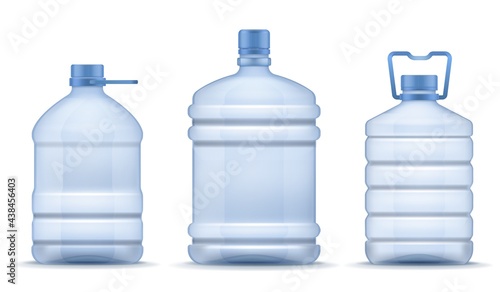 Plastic empty bottle. Realistic containers for mineral, carbonated and soft beverages. Blue package for different liquids mockup, huge water bottles for cooler and dispenser. Vector 3d set