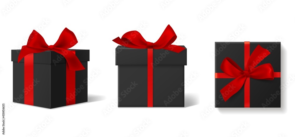 Realistic black gift boxes. 3d luxury dark boxes with red ribbons and bows, different angles view, closed cardboard wrapping containers, holiday surprise packaging, vector isolated set - obrazy, fototapety, plakaty 