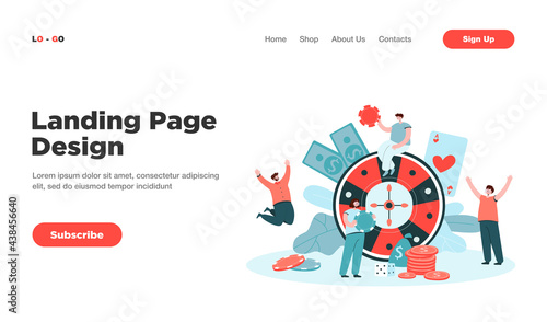 Happy tiny people playing casino roulette flat vector illustration. Cartoon characters winning money in online casino. Gambling business, risk and fortune concept