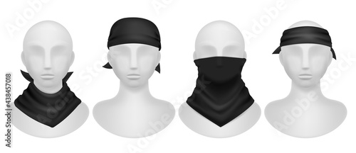 Black bandana. Realistic mannequins mockup with different style dark kerchief, wearing options buffs, scarves and neck clothes. Modern accessory for head and hair template vector isolated set