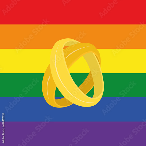 Illustration of united wedding rings on LGBT background. Tolerance and freedom concept. Concept for gay, lesbian, bisexual, transgender, and queer people marriage and union.