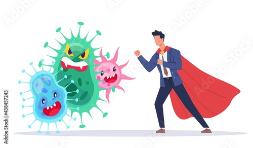 Fight against viruses. Countering viruses. Man in superhero suit and pathogens, infections protection and medical prevention. Human immunity protects body from germs. Vector cartoon concept