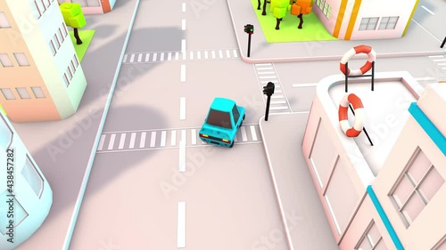 Car driving in city, 3d animation, drive on GPS map