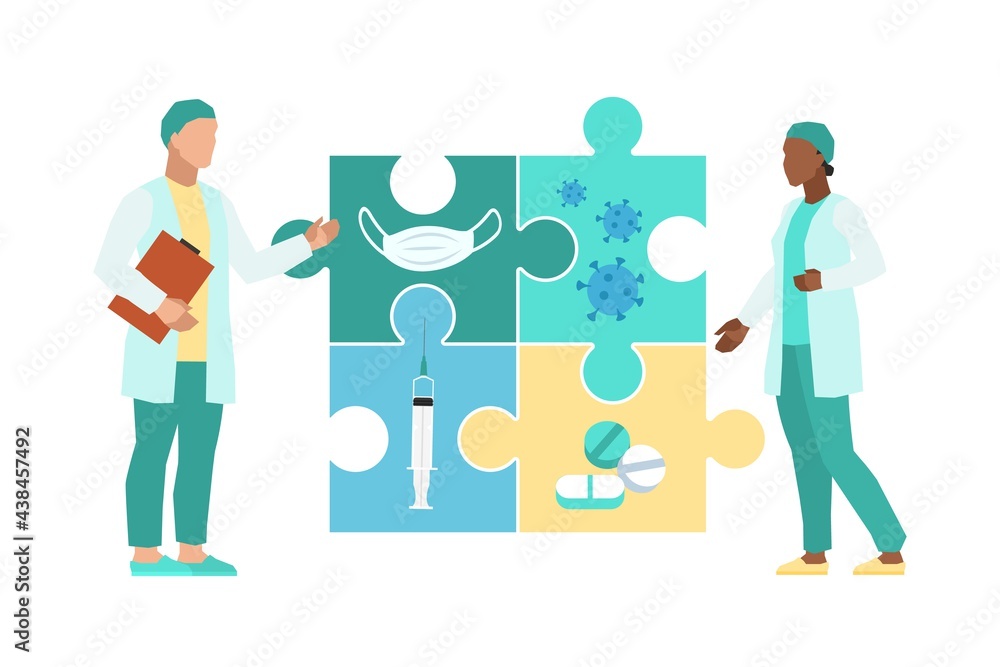 Medical decision. Doctors in uniform with huge puzzle, teamwork in clinic or hospital, diagnosis and treatment, professional discussion and research. Vector cartoon health care concept Medical decision. Doctors in uniform with huge puzzle, teamwork in clinic or hospital, diagnosis and treatment, professional discussion and research. Vector cartoon health care concept