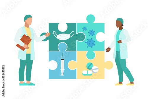 Medical decision. Doctors in uniform with huge puzzle, teamwork in clinic or hospital, diagnosis and treatment, professional discussion and research. Vector cartoon health care concept