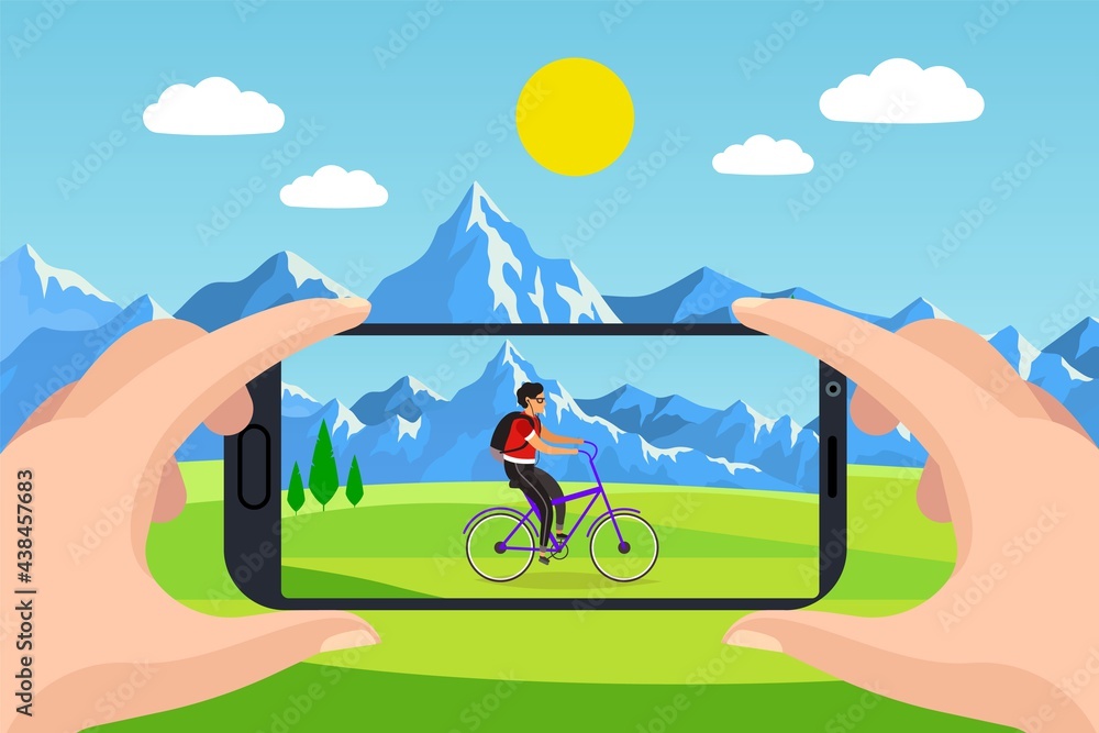 Photo on your phone. Hands hold smartphone, man ride on bicycle on grass and mountains background on device screen, mobile picture or video, travel photography, vector cartoon concept