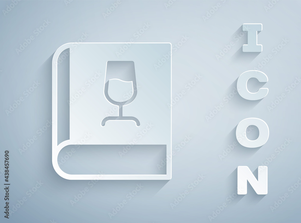 Paper cut Book about wine icon isolated on grey background. Wine glass icon. Wineglass sign. Paper art style. Vector Paper cut Book about wine icon isolated on grey background. Wine glass icon. Wineglass sign. Paper art style. Vector
