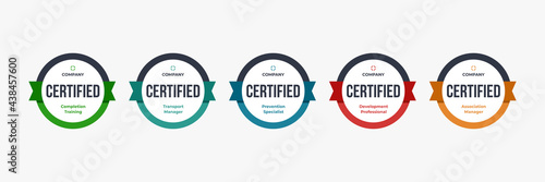 Certified badge logo design for company training badge certificates to determine based on criteria. Set bundle certify colorful vector illustration.