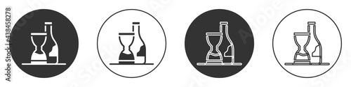 Black Bottle of wine icon isolated on white background. Wine aging. Circle button. Vector
