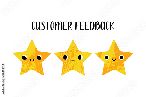 Customer feedback. Client satisfaction assessment. Cute kawaii star character with various faces, emotions scale. Positive, neutral, negative user experience. Vector flat cartoon illustration