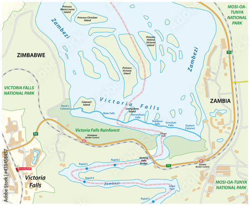 Vector map of Victoria Falls on the Zambezi River, Samia, Zimbabwe