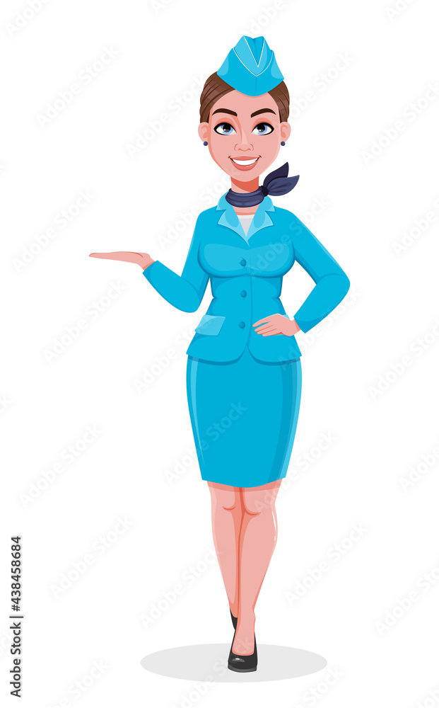 Stewardess in blue uniform presenting something Stewardess in blue uniform presenting something