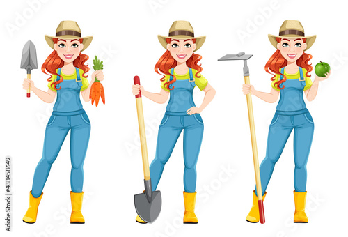 Beautiful woman farmer, set of three poses
