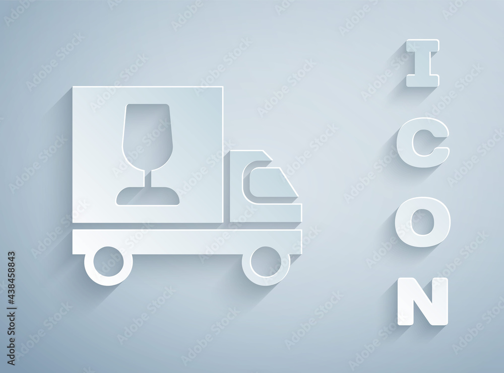 Paper cut Wine truck icon isolated on grey background. Fast delivery. Paper art style. Vector Paper cut Wine truck icon isolated on grey background. Fast delivery. Paper art style. Vector