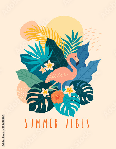 Summer vibes banner template. Vector illustration in trendy flat style of exotic tropical leafs, flowers and a flamingo. Isolated on background
