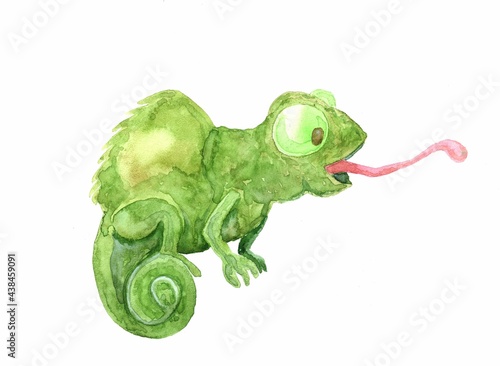 watercolor illustration of a funny green cartoon chameleon with a long tongue sticking out isolated on a white background