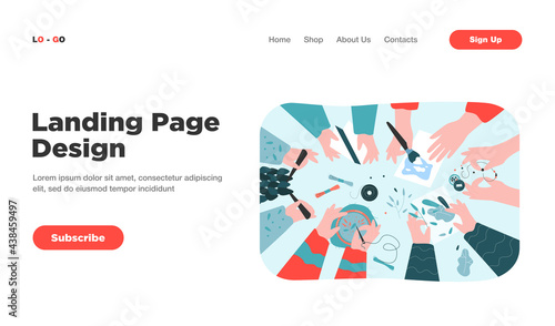 Top view of desk with handmade works of art. Children knitting, scrapbooking, sewing, embroidering, painting in craft workshop. Creative vector illustration for DIY, craftwork, hobby concept