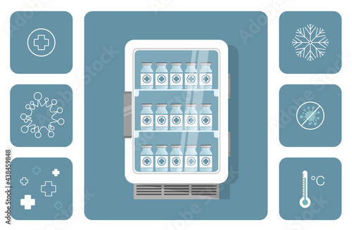 Vaccine fridge vector illustration. Laboratory refrigerator with vaccine bottles and related medicine icons: thermometer, snowflake, medical cross, antivirus sign. Hospital clinic equipment set.