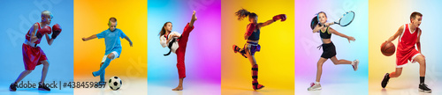 Soccer football, basketball, taekwondo, boxing and tennis. Collage of different little sportsmen in action
