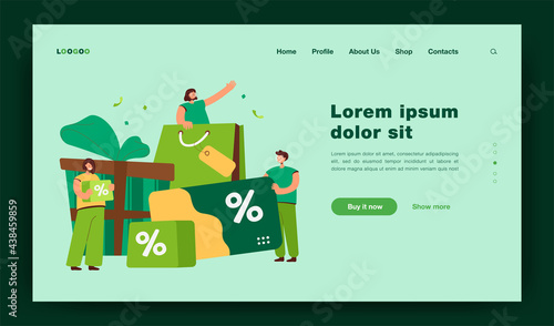 Tiny people shopping during store loyalty program isolated flat vector illustration. Cartoon characters buying products and getting gifts in bonus program. Promotion and shop reward concept