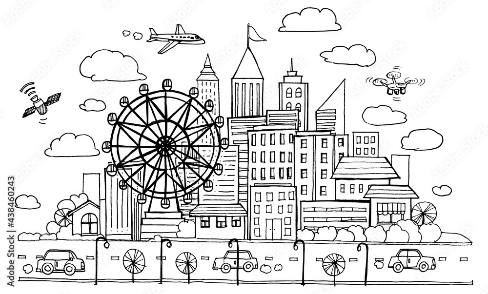 Business center of big city street skyscrapers buildings and Ferris wheel 