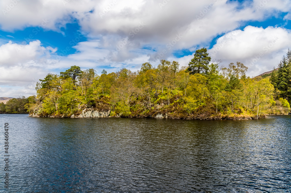 Obraz premium A view of an islets on Loch Katrine in the Scottish Highlands on a summers day