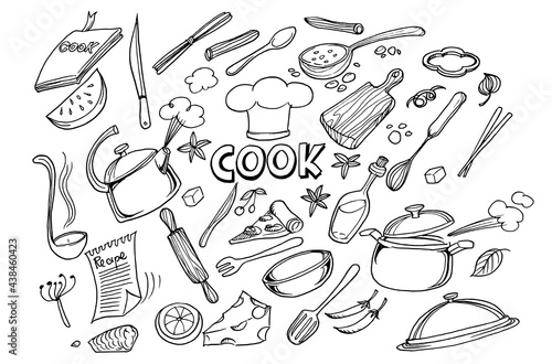 Hand drawn doodles of Cook concept.Poster with hand drawn kitchen utensils. 