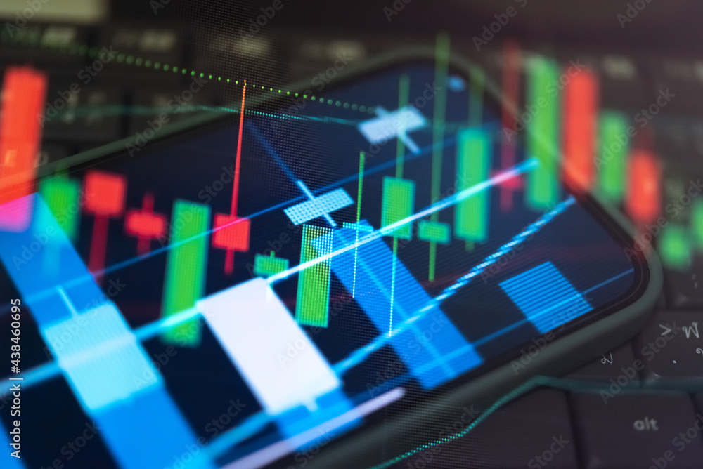 Fototapeta premium Candlestick chart in financial stock market on digital number background. Forex trading graphic design and Stock market trading trend as concept.