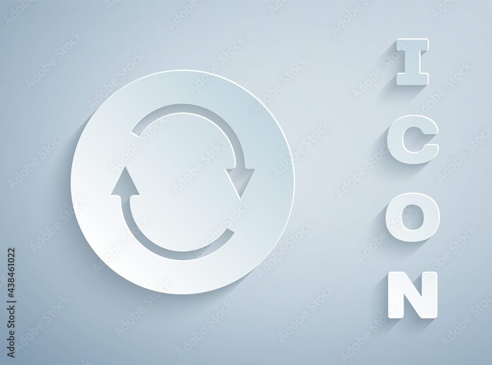 Paper cut Recycle symbol icon isolated on grey background. Circular arrow icon. Environment recyclable go green. Paper art style. Vector Paper cut Recycle symbol icon isolated on grey background. Circular arrow icon. Environment recyclable go green. Paper art style. Vector