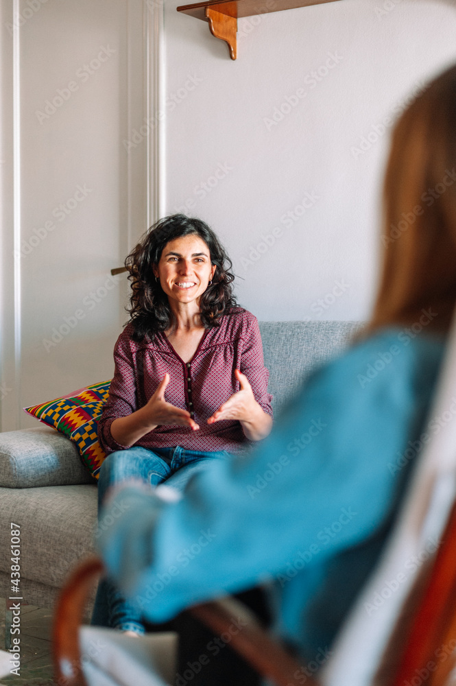 psychology and mental therapy concept - spanish woman patient and psychologist at psychotherapy session - obrazy, fototapety, plakaty 