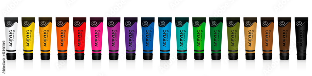 Tubes of acrylic paint, colorful painting set lined up in a row. Isolated vector illustration on white background.
Tubes of acrylic paint, colorful painting set lined up in a row. Isolated vector illustration on white background.