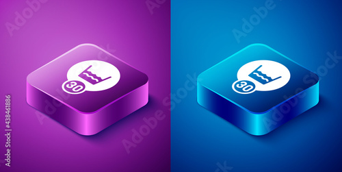 Isometric Washing under 30 degrees celsius icon isolated on blue and purple background. Temperature wash. Square button. Vector
