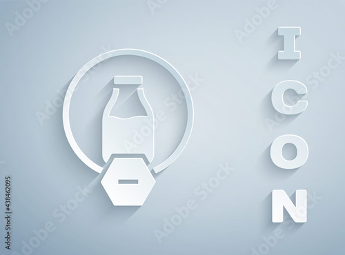 Paper cut Lactose free icon isolated on grey background. Paper art style. Vector