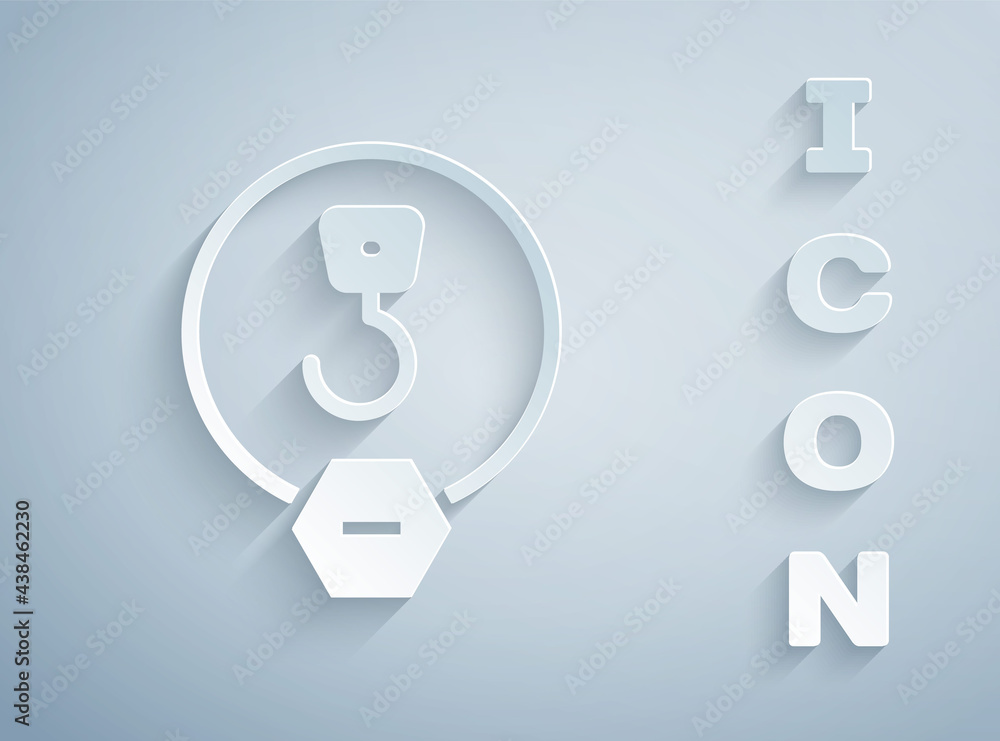 Paper cut Industrial hook icon isolated on grey background. Crane hook icon. Paper art style. Vector Paper cut Industrial hook icon isolated on grey background. Crane hook icon. Paper art style. Vector