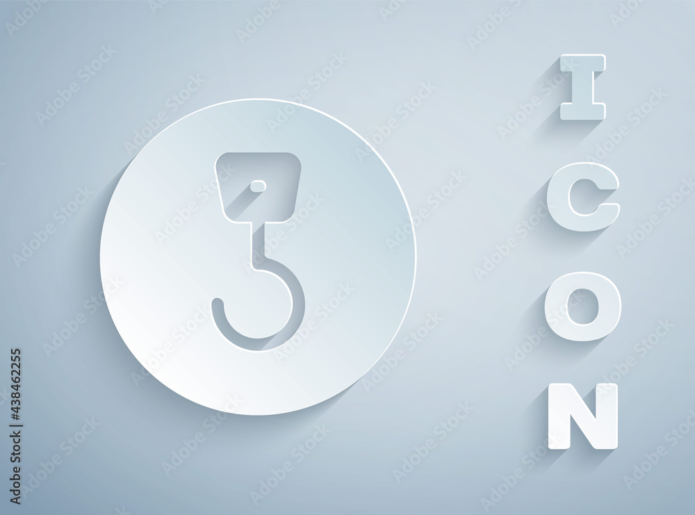 Paper cut Industrial hook icon isolated on grey background. Crane hook icon. Paper art style. Vector Paper cut Industrial hook icon isolated on grey background. Crane hook icon. Paper art style. Vector