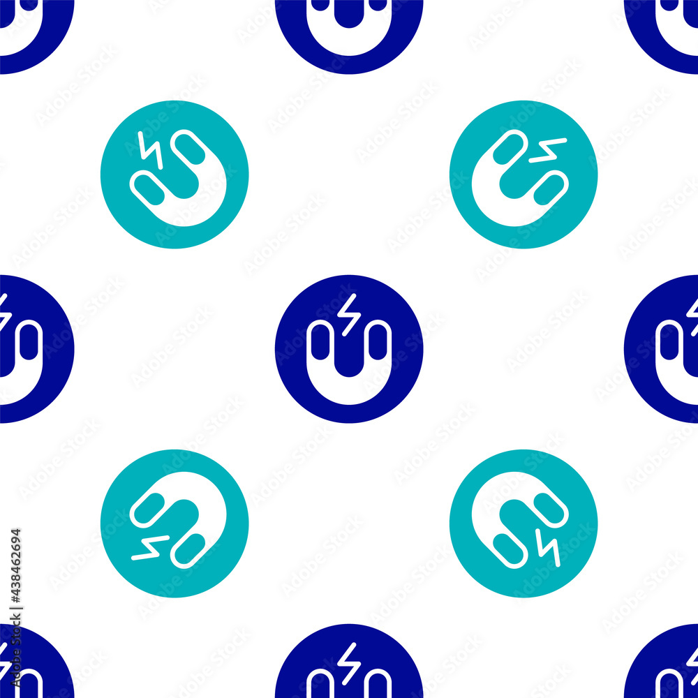 Blue Magnet icon isolated seamless pattern on white background. Horseshoe magnet, magnetism, magnetize, attraction. Vector Blue Magnet icon isolated seamless pattern on white background. Horseshoe magnet, magnetism, magnetize, attraction. Vector