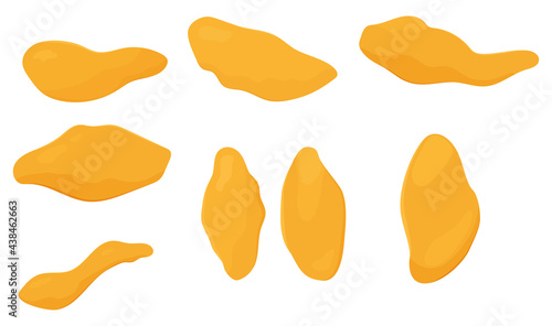 Mango dried fruit slices, cartoon vector illustration. Candied succades, sweet dessert and confection isolated on white.